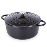 Nuovva cast iron Dutch Oven with lid shows durable enamel for easy cleaning.