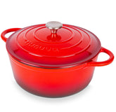 Nuovva enamelled cast iron dutch oven 28cm with red lid for even heat distribution.