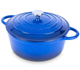 Nuovva enamelled cast iron Dutch oven in dark blue; durable heat retention for even cooking.