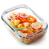 NUTRIUPS 2QT rectangular glass casserole with lid on for easy oven-to-table serving.