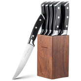 OAKSWARE 8 piece steak knives set with walnut block for precise home slicing.