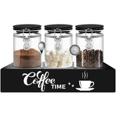 OARSE 3-pack glass canisters displayed on a wooden shelf for stylish counter storage.