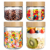 OcePor 4-pack glass jars with bamboo lids on a kitchen counter for organized pantry storage.