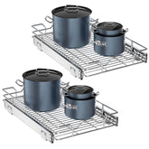 OCG pull-out cabinet organizer front view in chrome showing tidy cookware storage