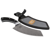 Oklahoma Joe's Blacksmith cleaver blade close-up shows a sharp edge for precise cuts.
