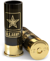 Old Southern Brass U.S. Army shot glasses, front view with official insignia, ideal for veteran gifts.