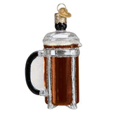 Old World Christmas French Coffee Press ornament closeup with hand-painted detail for collectors.