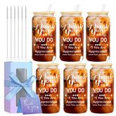 OLSUNOR six-pack gift-set glass cups with bamboo lids, ideal for employee appreciation.
