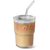 Olvini 13oz glass tumbler with pink flower design and straw-lid for on-the-go hydration