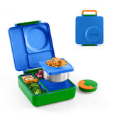 OmieBox three-compartment bento open shows organized kid lunch in Monster Blue.