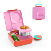 OmieBox kids lunch box in pink berry with open lid for a balanced lunch.