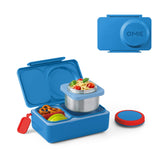 OmieBox UP front view in cosmic blue, compact and kid-friendly for school lunches.