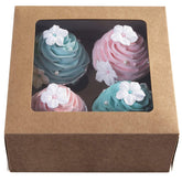 ONE MORE kraft cupcake box with clear window top showcases decorated cupcakes securely.