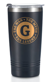 Onebttl Man Myth Legend mug front initials showing personalized style for daily coffee on the go