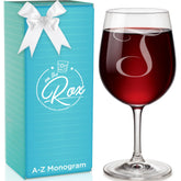 On The Rox Drinks monogram wine glass closeup with durable engraving for everyday use.