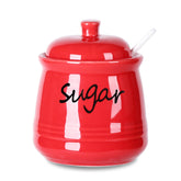 ONTUBE red ceramic sugar bowl with lid and spoon, 12oz capacity on kitchen counter