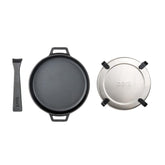 Ooni cast iron skillet 9-inch with removable handle for versatile cooking.