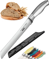 Orblue serrated bread knife with 8-inch blade for crusty bread slicing.