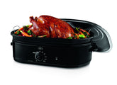 Oster CKSTRS18-BSB-W roaster oven lid showing the self-basting feature for juicier results