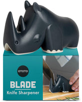 OTOTO Blade knife sharpener on counter with rhino design, ready for daily slicing.