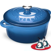 Overmont blue enameled Dutch oven top view, 4.5qt, ideal for braising