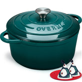 Overmont bottle-green enameled cast iron Dutch oven with lid on, ideal for even heating and braising.