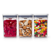 OXO Good Grips POP three-piece set shown with airtight seal for fresh pantry storage.