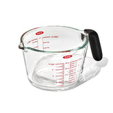 OXO Good Grips 4-Cup Glass Measuring Cup with dripless pour for neat liquid transfer.