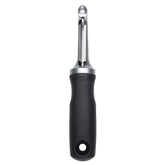 OXO Good Grips Pro Swivel Peeler handle detail showing non-slip ergonomic grip for easy peeling.