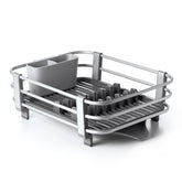 OXO Good Grips dish rack top view highlights rustproof aluminum frame for durable everyday use.