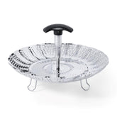 OXO Good Grips stainless steel steamer with extendable handle for easy filling and transport.