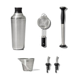 OXO Steel 6-Piece Barware Set displayed on a bar cart for stylish entertaining.