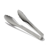 OXO Steel Serving Tongs with scalloped heads offer secure grip for salads and pasta servings.