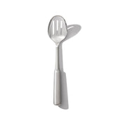OXO Steel Slotted Cooking Spoon close-up shows durable stainless steel for everyday use