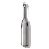 OXO Steel Swivel Peeler blade close-up shows a sharp edge for effortless peeling.