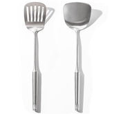 OYV 18/10 stainless steel slotted spatula for precise flipping of meats and vegetables.