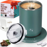 OZTANCE self-stirring mug on the smart green coaster keeps drinks warm.