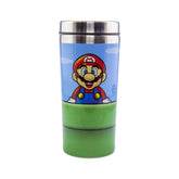 Paladone Super Mario Warp Pipe Travel Mug front view with Mario and Luigi for on-the-go coffee