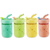 PandaEar Kids glass cups with lids demonstrate spill-free sipping for toddlers.