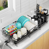 Pantasia large dish drying rack fully extended showing maximum countertop capacity