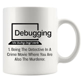 Panvola debugging quote mug, front view, boosts coder mood at startup