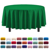 Party Solids emerald green round tablecloths protect 84-inch tables from spills.