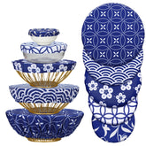 Patelai bowl covers in blue-white pattern protect leftovers and keep moisture in.