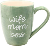 Pavilion Mom Life Wife Mom Boss mug front view in green glaze, ideal for daily coffee rituals
