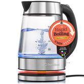 Peach Street Speed-Boil kettle with glass body and clear marks for precise pouring.