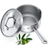 PekGema 2.5 qt tri-ply saucepan with glass strainer lid for smooth draining.