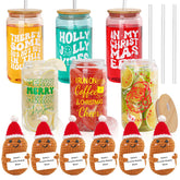 Pengtai Christmas glass tumbler set with dolls and lids, ideal for festive gatherings.