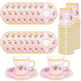 Peony Man pink floral tea cups with gold rims for elegant tea parties.