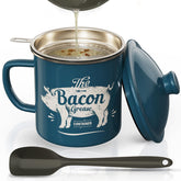 PGYARD bacon grease container with strainer shows 46 oz enamel blue for easy oil storage