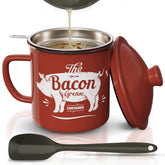 PGYARD bacon grease container with strainer for cleanly filtered oil ready to reuse.
